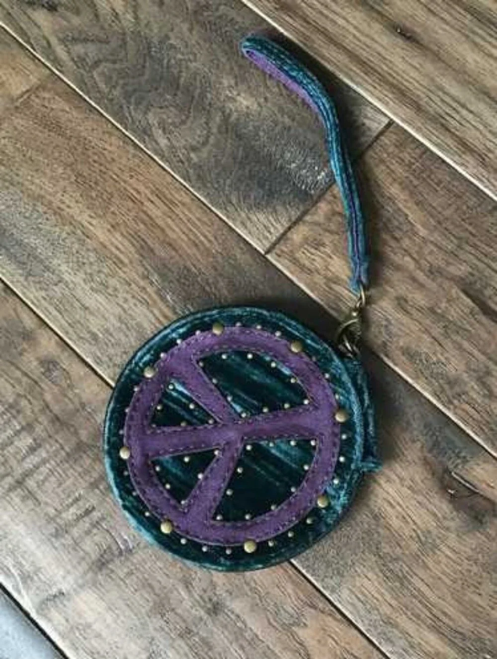 Velvet Round Coin Purse with Purple Peace Emblem - Teal